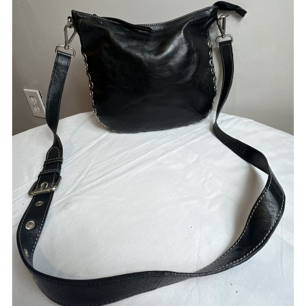 Firenze Bella Handbags Black Leather Crossbody Purse Silver Grommets